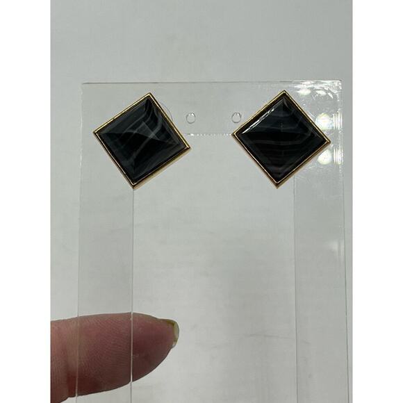Henri Bendel‎ Gold Plated Black Onyx Pyramid Studs Earrings - Picture 9 of 15